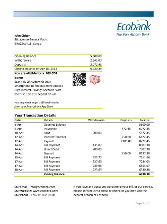 Download Congo  Ecobank bank statement excel Photoshop template